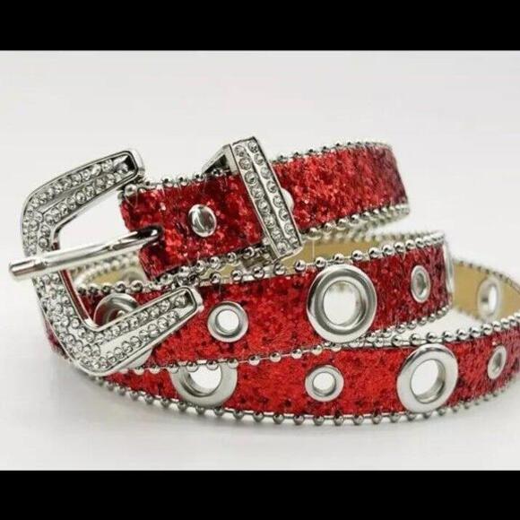 👠🥋Women Studded Adjustable Bling Crystal Rhinestone Belt PU Leather